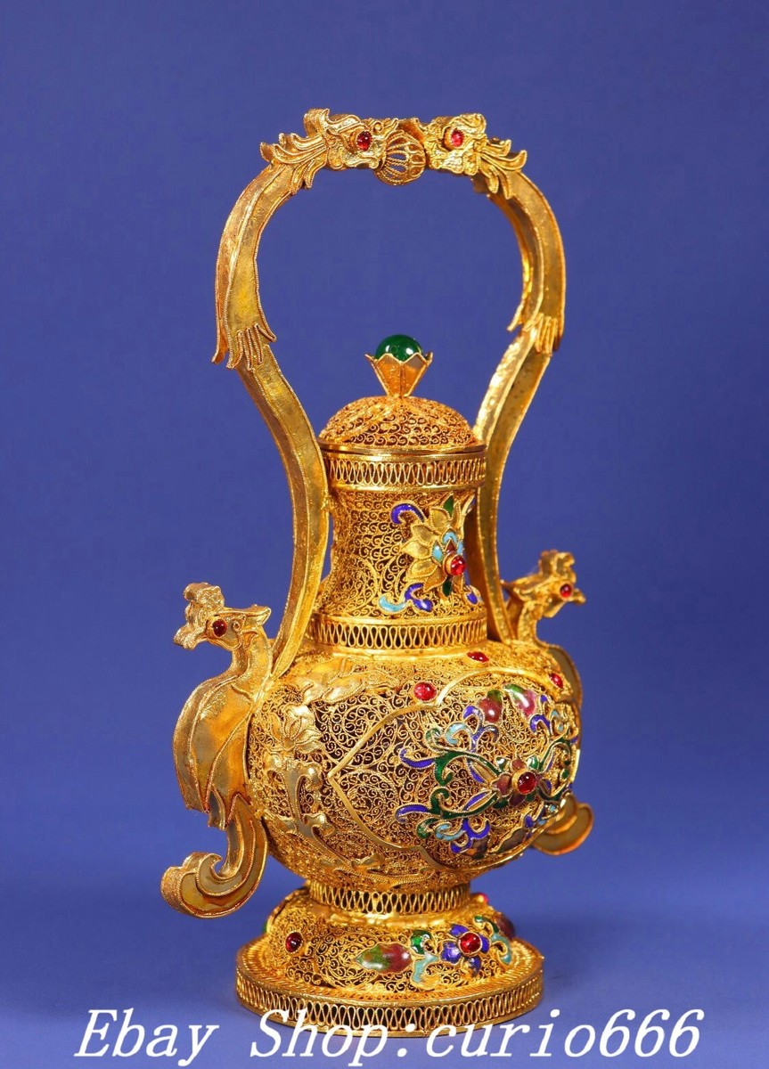 花開富貴金龍六辺銅碗 装飾品 工芸品 美術品 置物 古寶奇蔵】黄銅製・塗金・魚嘴龍鳳壺・置物・賞物・中国時代美術