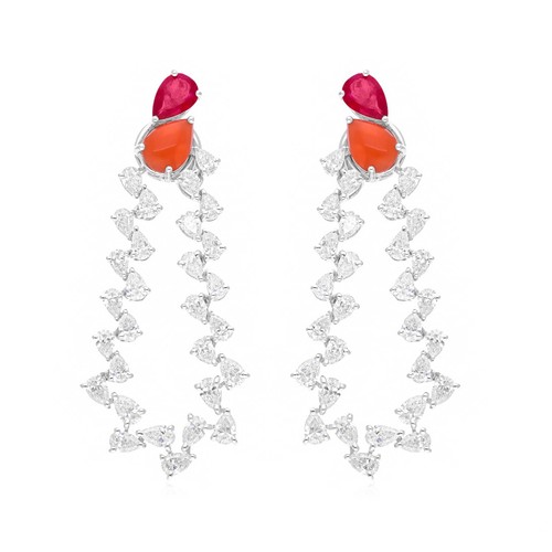 5.78 Tcw Natural SI/H Diamond Ruby Coral Gemstone Dangle Earrings 18k White Gold - Picture 3 of 11