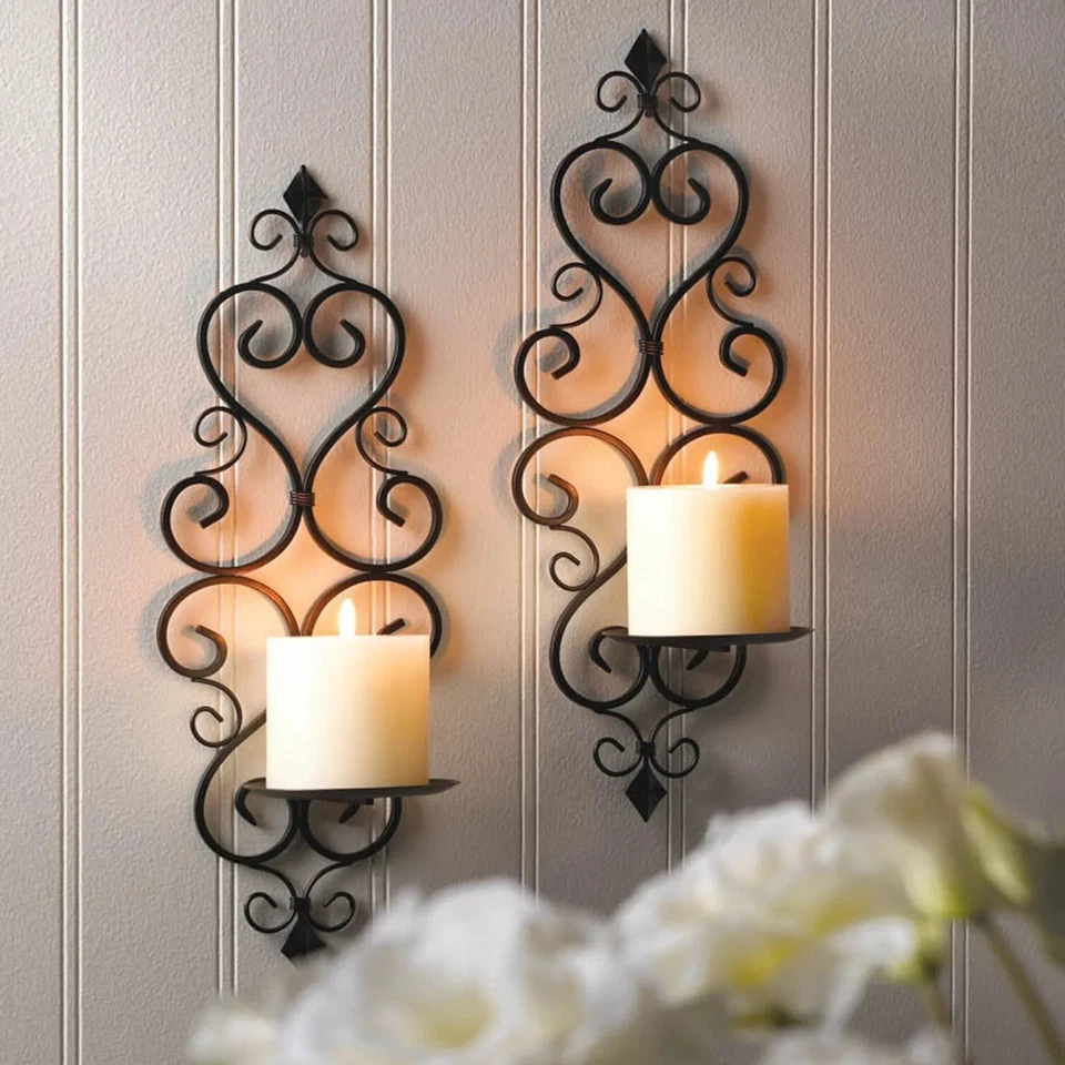 Lote de 2 piezas Fleur De Lis Aplique de Pared Pilar Candelabro Marco de Hierro Negro 16" H Foto 2 de 4