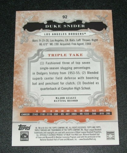 2013 Topps Triple Threads DUKE SNIDER #92 Amber Variant/125 Los Angeles DODGERS - Picture 2 of 2