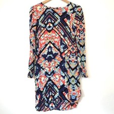 WAYF Red Blue Black Multi Floral Geometric Aztec Boho Long Sleeve Shift Dress XS