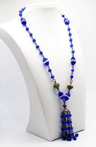 Louis Rousselet 20's Cobalt Blue Poured Glass Bead Lariat Necklace