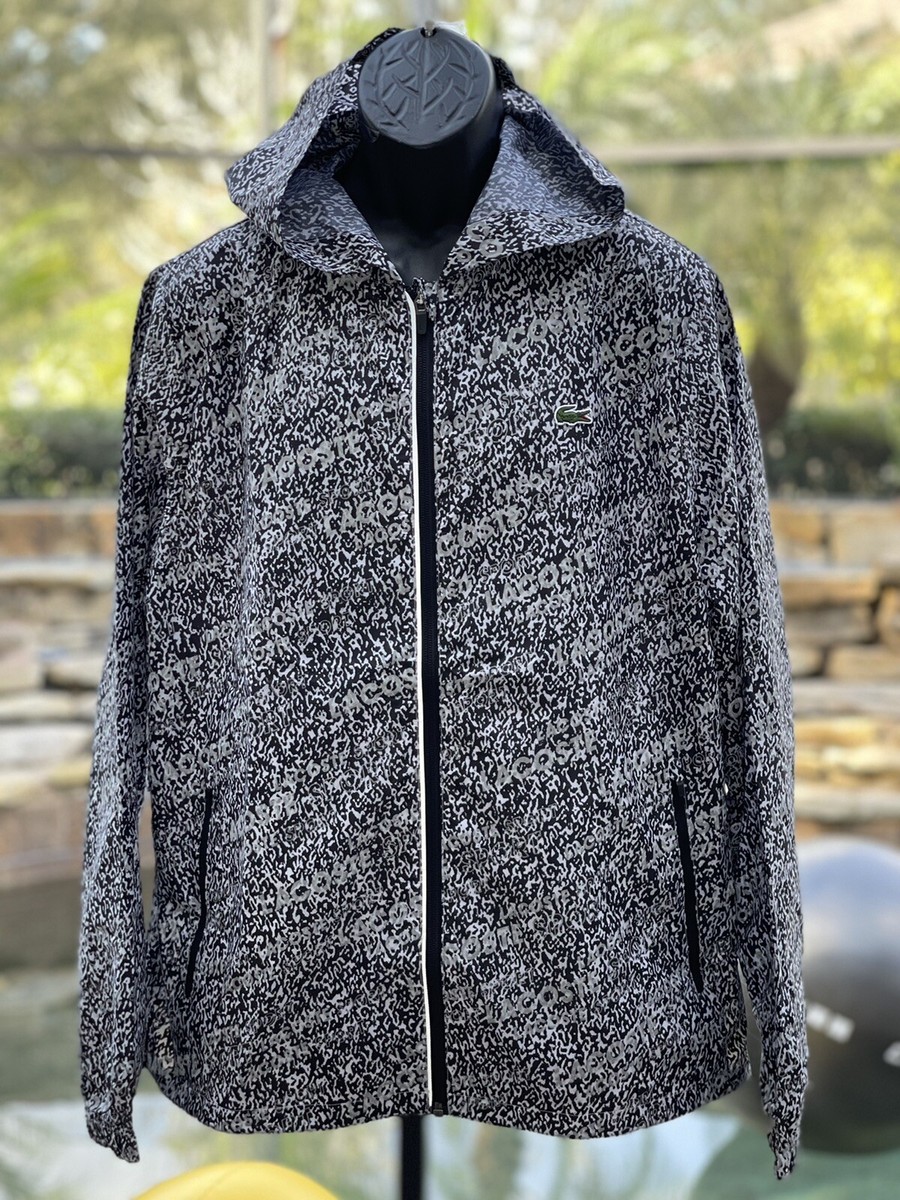 LACOSTE SPORT HOODED PRINT ZIP JACKET (L) BH4893 BLACK/WHITE LACOSTE SPORT HOODED PRINT ZIP JACKET (L) BH4893 BLACK/WHITE
