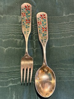 A.Michelsen 1955 Spoon Fork Sterling Denmark Enamel Foliage Leaves Poinsettia