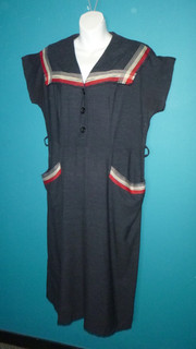 Vtg 40s 50s Wool Gabardine Sailor Collar Dress CUTE Trim! VOLUP Sz XL