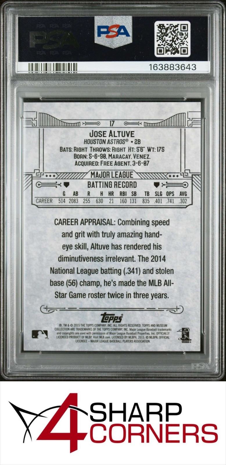 2015 TOPPS MUSEUM COLLECTION #17 JOSE ALTUVE ASTROS POP 1 PSA 10 view 2