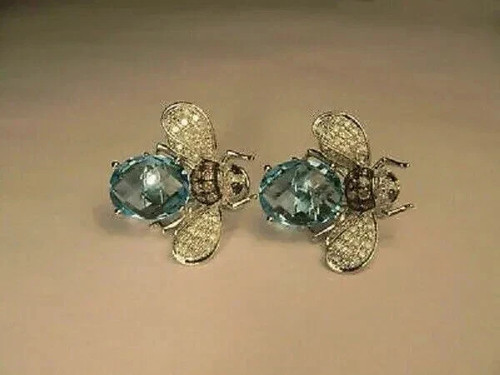 Simulated Aquamarine Oval Cut 925 Sterling Silver Honey Bee Shape Stud Earrings - Picture 5 of 7