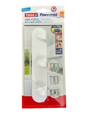 Tesa Powerstrips Hakenleiste mit 3 Haken, weiß, max. 3 Kg. belastbar, Klebehaken
