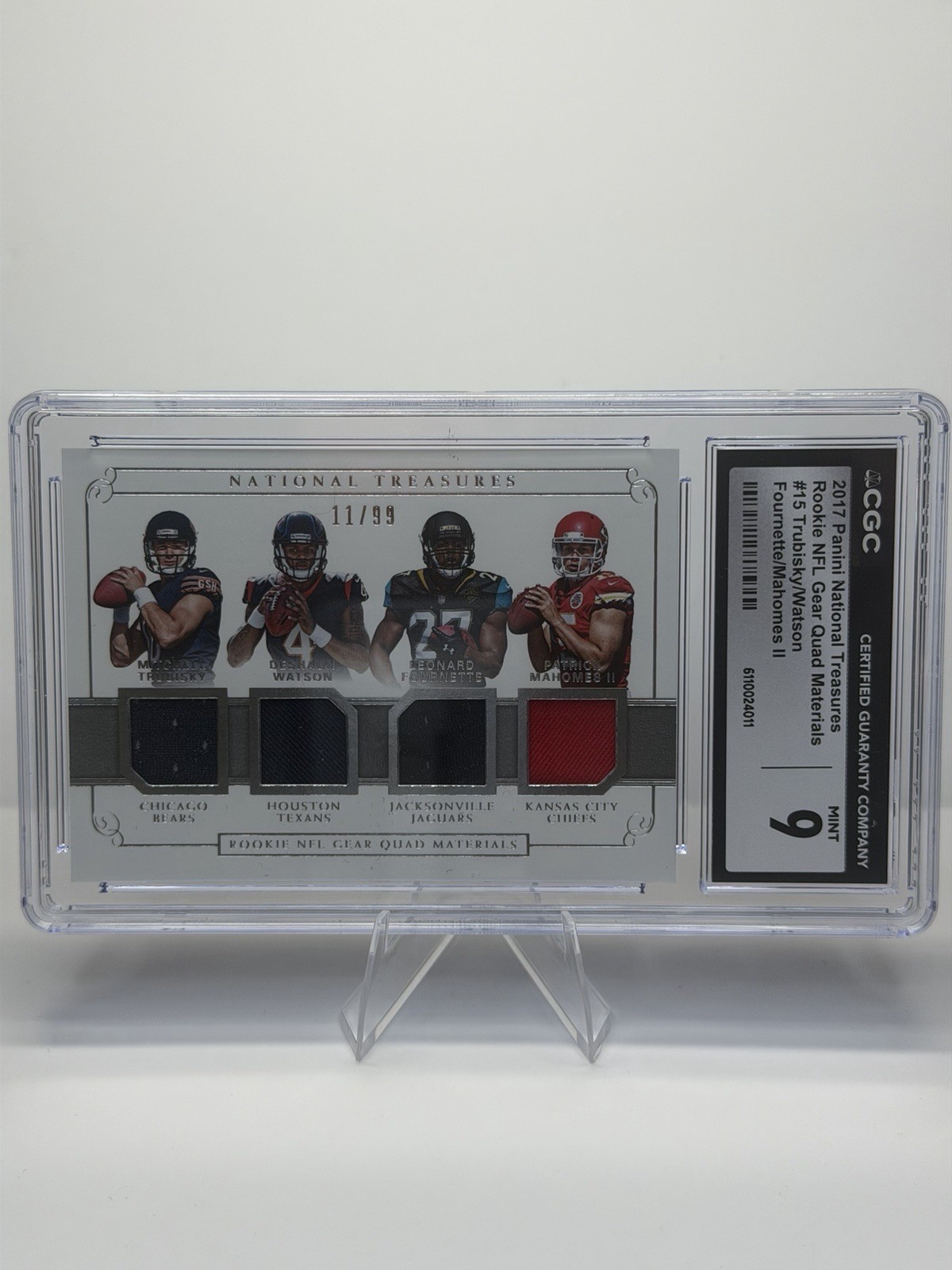 2017 Panini National Treasures Rookie Gear Quad #15 Patrick Mahomes + /99 CGC 9 view 1