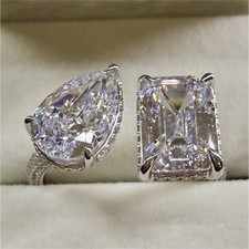 New Rodify White Gold Diamond Rings Pear & Emerald Cut Prong Set Fine Jewelry