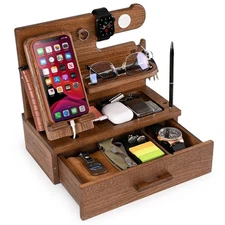 Wood Phone Docking Station with Drawer - Nightstand Organizer - Desk Organizer f