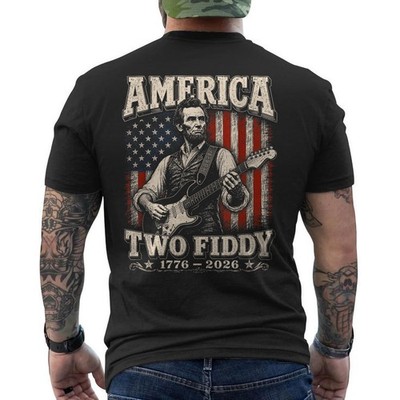 Two Fiddy Abraham Lincoln Abe Lincoln Playing Guitar Retro ON BACK T-Shirt