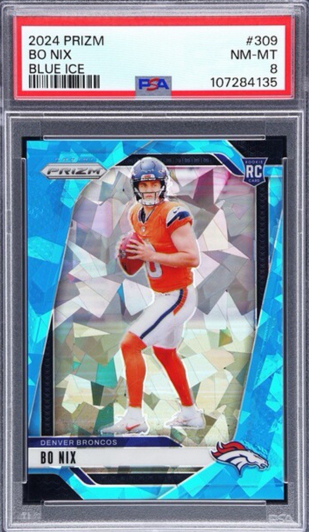 2024 Panini Prizm - Rookies Bo Nix #309 Blue Ice Prizm /99 (RC) PSA 8 BRONCOS