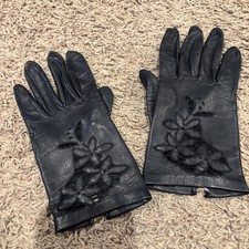 vintage black leather gloves with floral cutwork and lace accents M-L