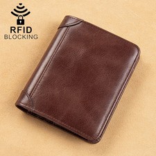 Mens Genuine Leather Trifold Wallet with ID Window Credit Card Case Holder Purse