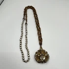 Vintage Miriam Haskell Signed Gold Tone Brass Baroque fakePearl Pendant Necklace