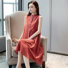 Women Cotton Linen Dress Sleeveless Midi Mock Neck Ethnic Loose Casual Solid