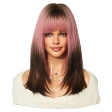 Short Bob Cut Dark Roots Pink Brown Gradient Wigs With Bangs Heat Safe Fiber Wig