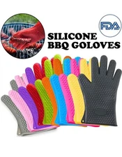 1 Pair US Silicone BBQ Heat Resistant Gloves Grill Pot Holder  Grip Oven Mitts