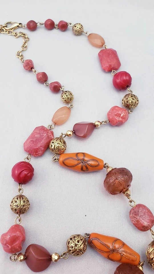 Robert Rose Red Orange Carved Lucite Mixed Beaded Filigree Gold Tone Necklace - Image 4 of 4