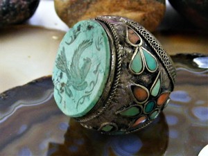 Vintage Chinese Silver Carved Turquoise Bird RING Coral Flower Massive Unique 10