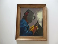 ANTIQUE PAINTING INDUSTRIAL PORTRAIT WORKER WELDER METAL FACTORY WPA STYLE OLD