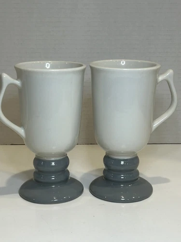 Vintage 2 HALL 1273 Mugs Footed 6" Irish Coffee Cappuccino Cups Gray White Grey