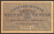 Lithuania 1 Centas P-7 (1922) "VF++"