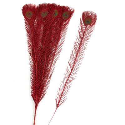 Bulk Lot of 12 Red Glitter 30-1/2'' Peacock Feather Stems
