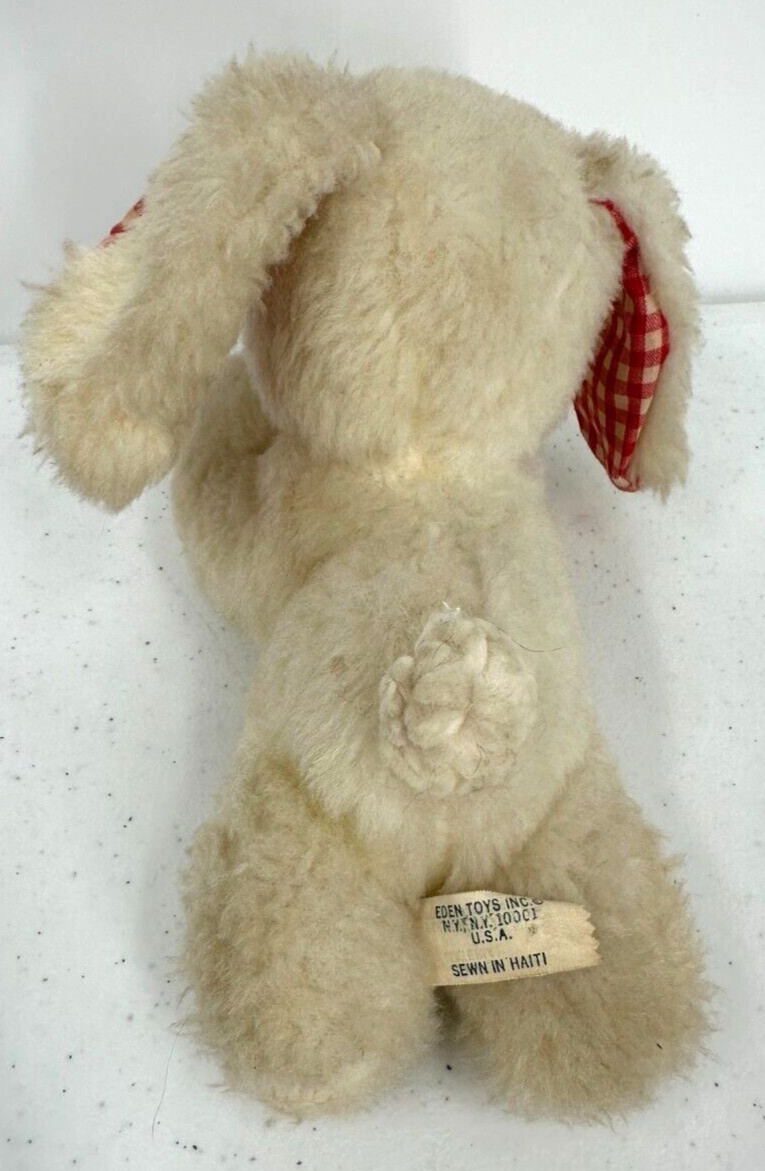 Eden Toys Inc. Baby Rattle Cream Wooly Stuffed Lamb Red Plaid Ears Plush Animal