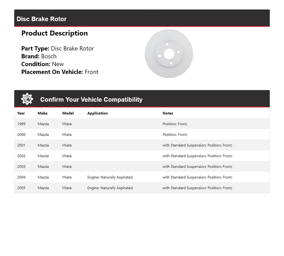 Para 1999-2005 Mazda Miata Bosch QuietCast rotor de freio a disco dianteiro 2000 2001 2002 - Imagem 2 de 4