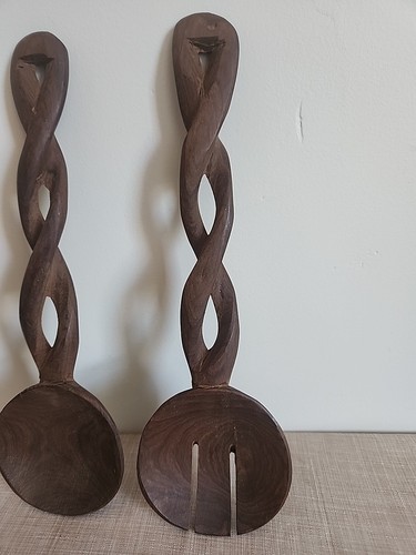 Ugandan Hand Carved Wood Decor Reticulated Twisted Primitive Spoon & Fork - Picture 3 of 6