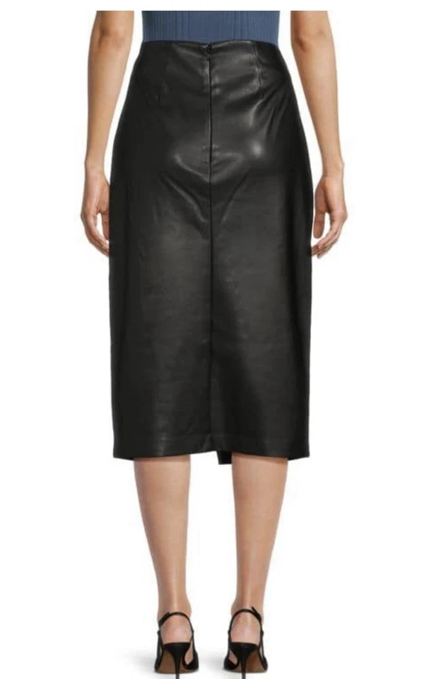 Nwt Tahari Black Faux Leather Midi Pencil Skirt Size 10 High Waist Wrap Front — 第 2/4 张图片