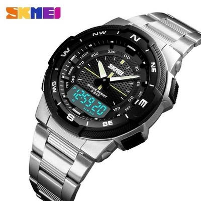 SKMEI Herren Uhr Digital Quarz Sport Edelstahl Chronograph Alarm 5Bar Geschenk