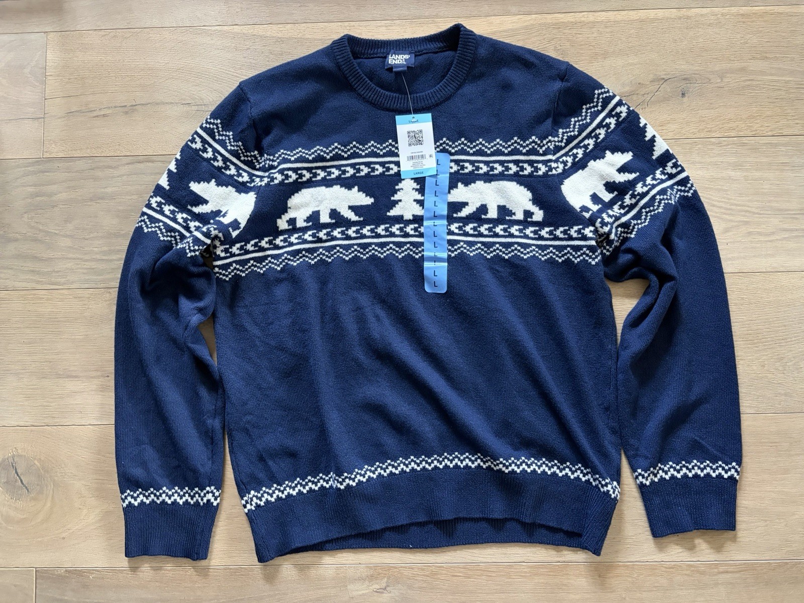 Lands End polar bear winter Christmas Fair Isle navy Nordic sweater - NWT - L