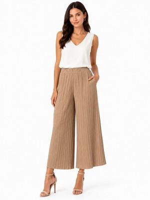 The Limited L Pleated Wide Leg Cropped Pants Tan Taupe Pull On Dressy Career EUC