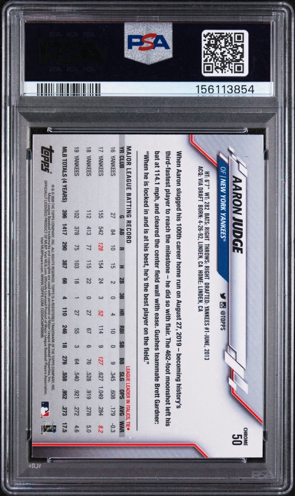 2020 Topps Chrome AARON JUDGE #50 Prism Refractor PSA 10 GEM MINT view 2