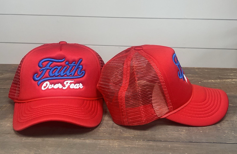 Red Trucker Hat Puff Embroidered Mesh Back Snapback One Size "Faith Over Fear"