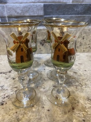 Set of 6 Antique Georgian hand blown & hand painted Sherry Cordial wine glasses