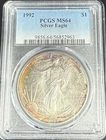 1992 Silver $1 Eagle PCGS MS64 Purple Yellow Toning Front and Reverse