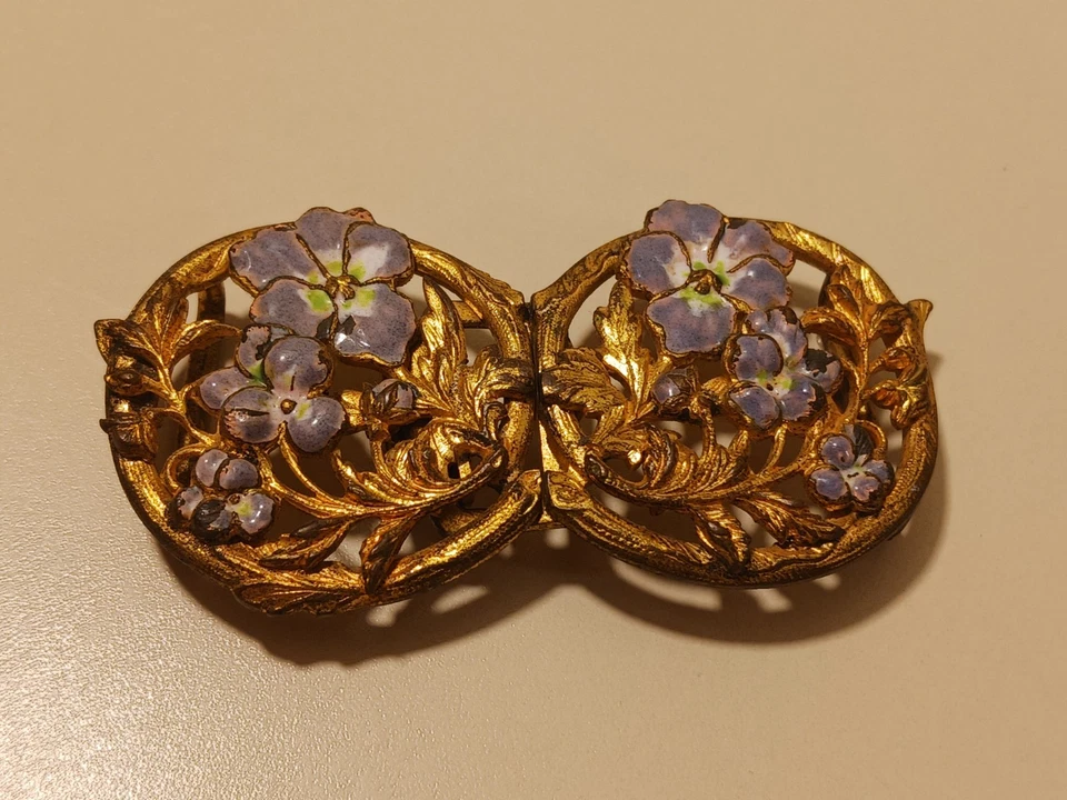 Broche prendedor hebilla faja de cinturón floral esmalte latón dorado Art Nouveau de colección Foto 2 de 4