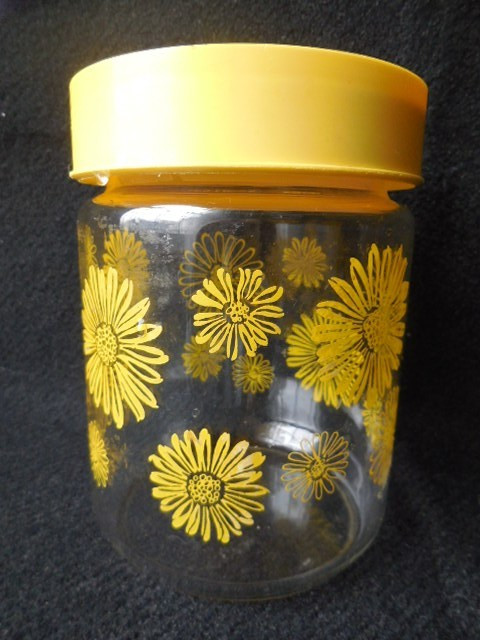 Yellow Daisy 70's  Corning Glass Jar Canister Mid Century Kitchen Pyrex