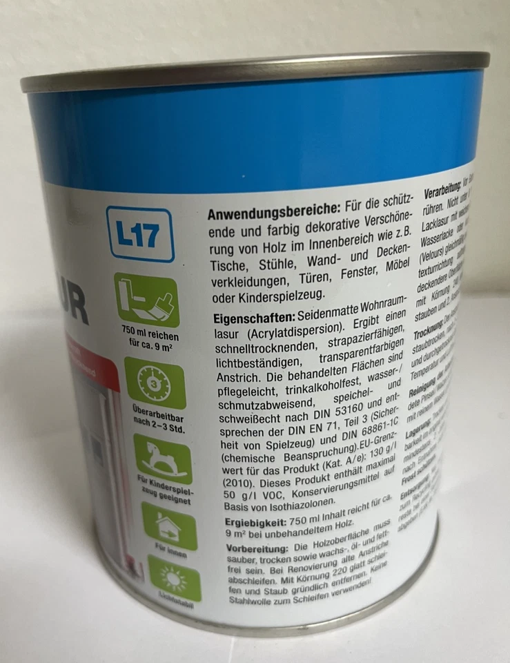 CLOU Aqua Lacklasur 2in1 L17 seidenmatt Farbauswahl 375 ml - 750 ml - Bild 2 von 3