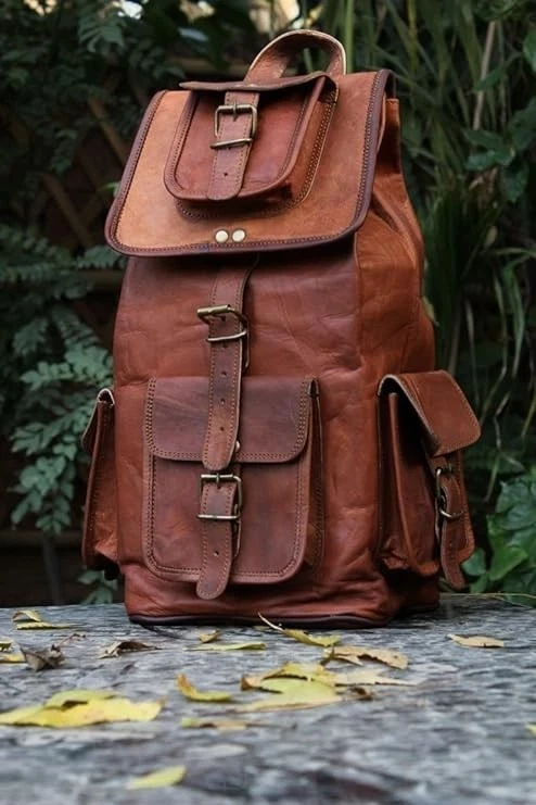 Zaino In Pelle Vintage Uomo, Vero Cuoio, Marrone, Fatto A Mano In India, 40x20x20 Cm, Per Viaggio E Uso Quotidiano - Foto 5