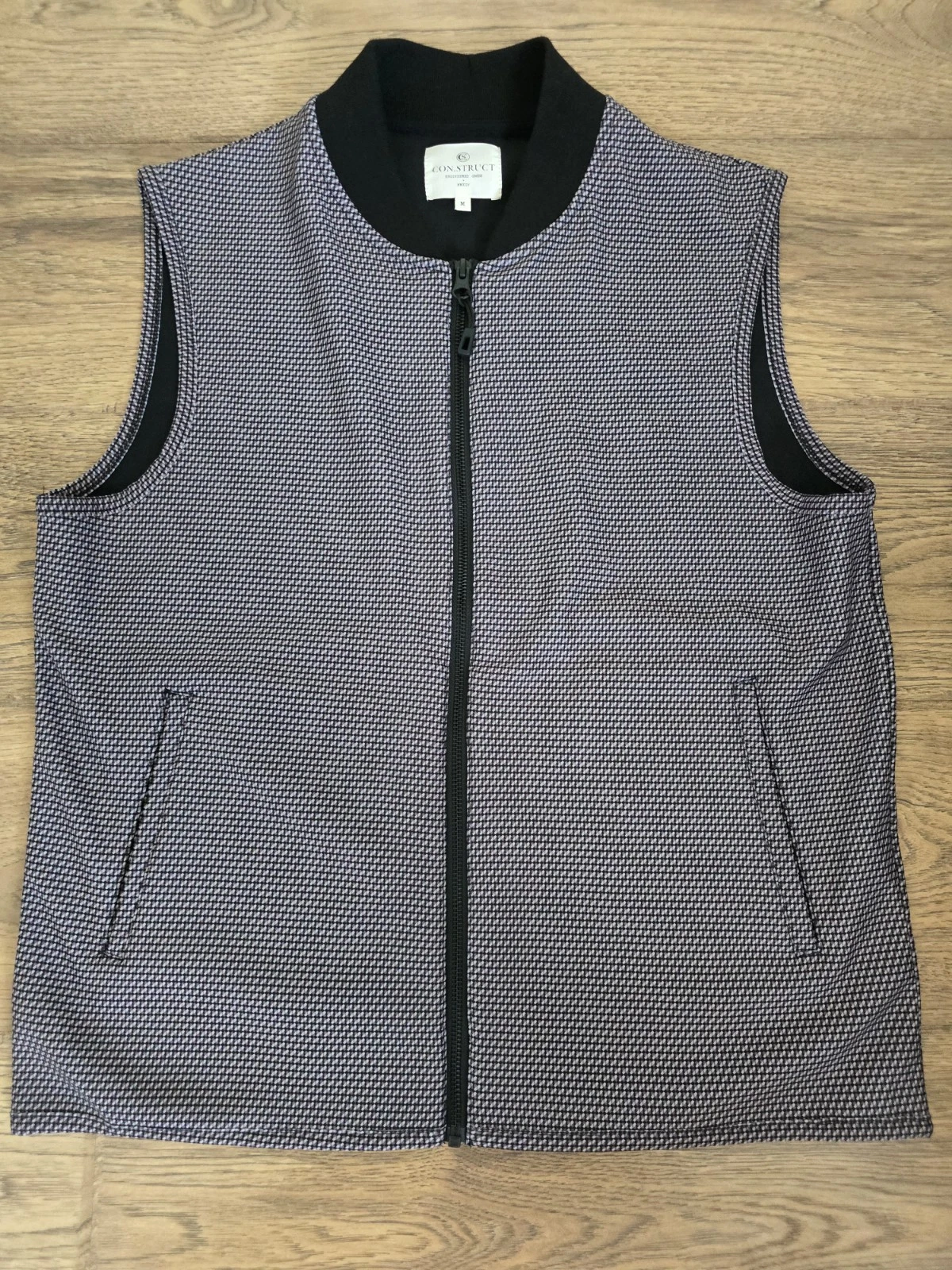 Construct Vest Golf Men M Gray Black Micro Print Full Zip Pockets Poly/Spx NWOT