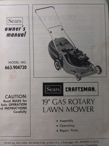 Sears Craftsman 19 Walk Behind Rotary Lawn Mower Owner & Parts Manual 663.904720 - Picture 1 of 2