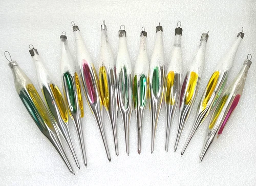 12 Vintage Silver Glass Christmas Ornaments Antique Xmas USSR Decorations Icicle