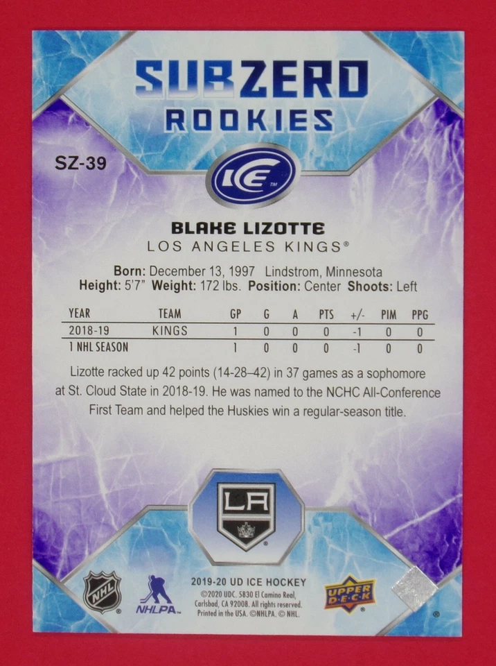 2019-20 UD Ice Blake Lizotte 074/999 Sub Zero Rookies #SZ39 Los Angeles Kings - Image 2 of 2