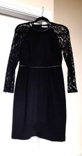 Whistles Little Black Dress Leatherette Trim Stretch Bodycon UK 8 VGC