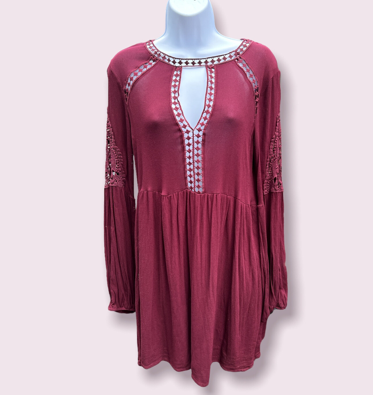 Altar'd State Lace Up Crochet Bib Babydoll Dress Maroon Women’s Size Medium